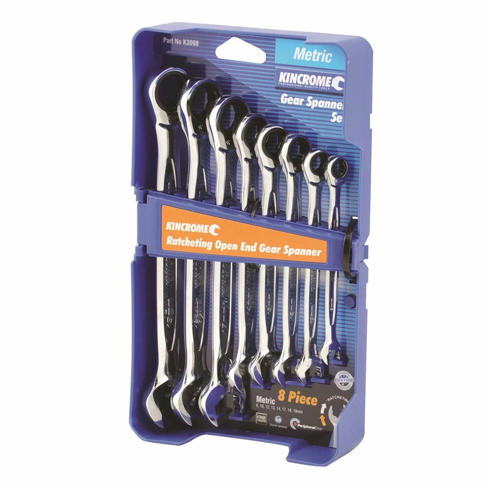 KINCROME 8 Piece Combination Ratcheting O/E Gear Spanner Set - Metric Single Way K3098 3 KINCROME 8 Piece Combination Ratcheting O/E Gear Spanner Set - Metric Single Way K3098