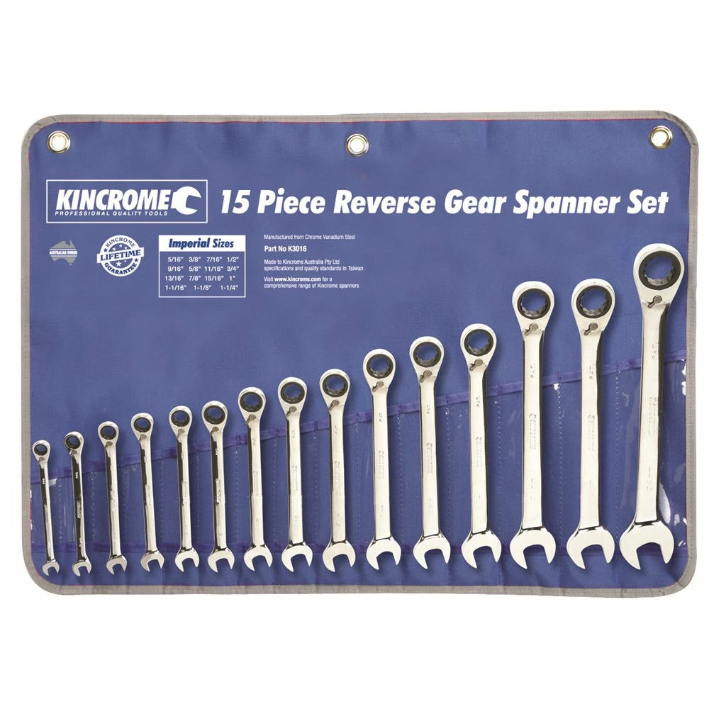 KINCROME 15 Piece Combination Gear Spanner Set - Imperial Reversible K3016 3 KINCROME 15 Piece Combination Gear Spanner Set - Imperial Reversible K3016
